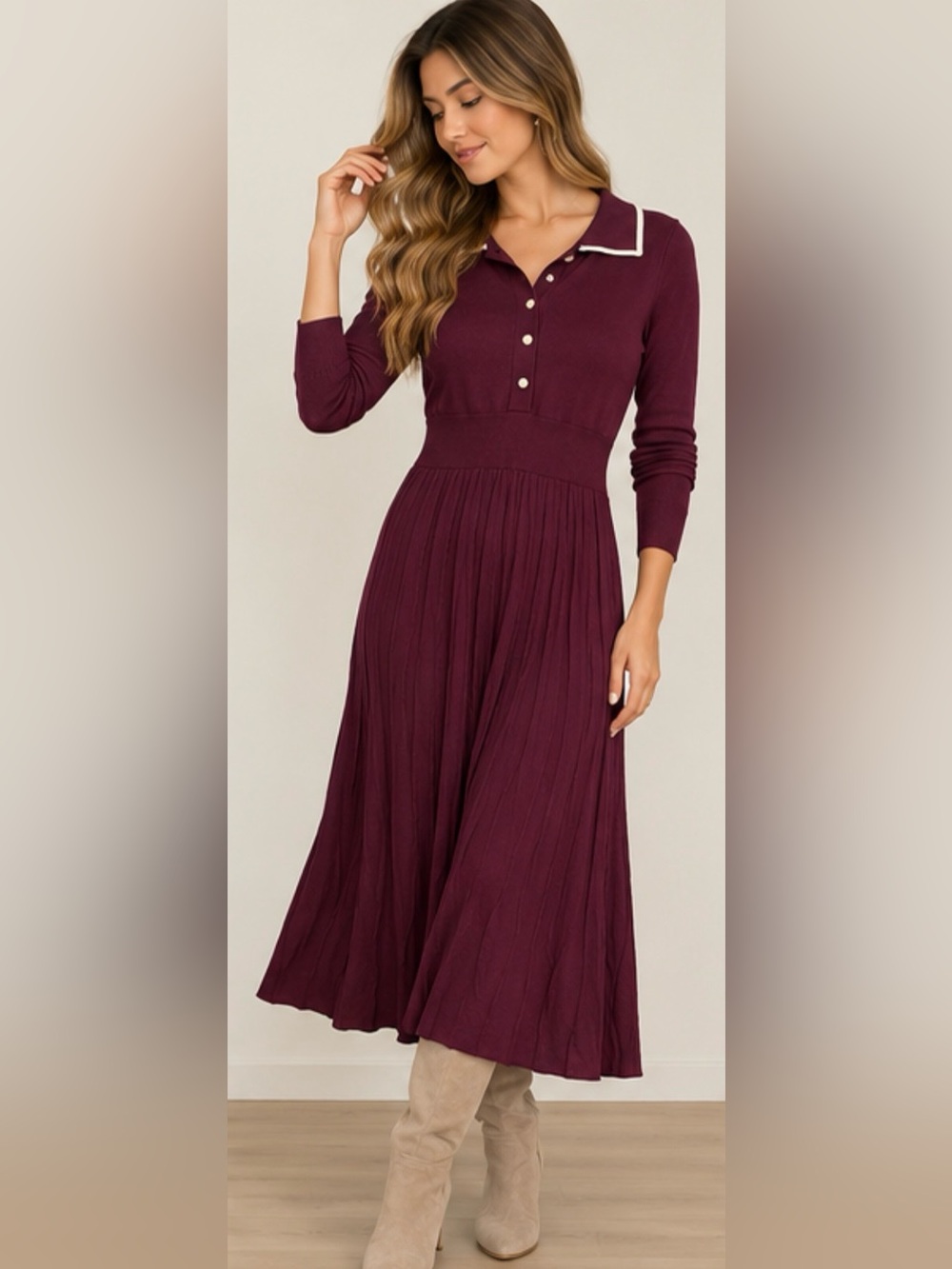 MIROL NWT Burgundy Wine Heavyweight Knit Pleated Midi Dress Size S Cream Trim